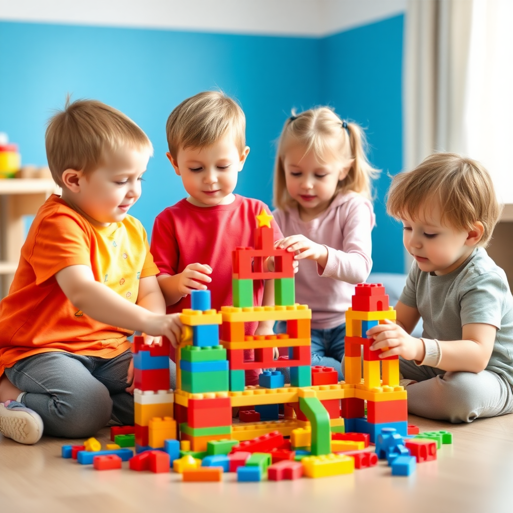 A group of 5 children with different body shapes playing with toy building blocks; the age of the children should be 10 years old, and the room in which they are playing should have blue color walls.