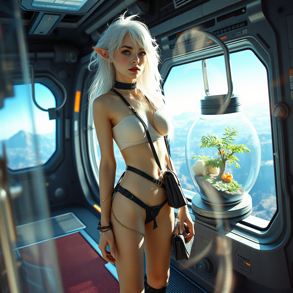 A full body shot of a pretty twenty-something elf girl with a face resembling (ana de armas). pale, freckles, messy long white hair. crop top, thong, cyberpunk 2077, space station, food terrarium, high heel ankle boots, collar, purse and jewelry. Photorealistic digital matte painting, soft focus, film grain, lens flare. She is looking through glass. landscape beyond.