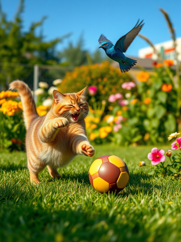 A realistic 4K scene of a Brown Cat skillfully dribbling a ball across a sunny garden, with a cheerful Blue Bird flying above it. Both the cat and the bird are depicted in mid-action, laughing and enjoying their playful moment together. The garden is vibrant, filled with colorful flowers and lush greenery, capturing the joy of their friendship.