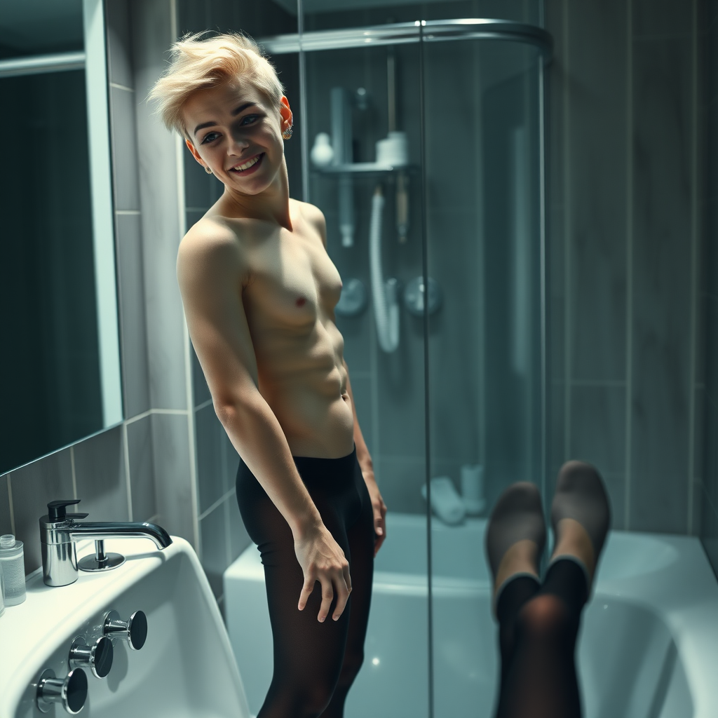 photorealistic, ultra high resolution, 16K, surreal fantasy, studio lighting, a 35 year old mother who is fully dressed for work is watching her pretty 14 year old goth son, slim male physique, short blonde hair, goth makeup, earrings, pantyhose, white ballet shoes, in the bathroom, excited smile, facing the camera.