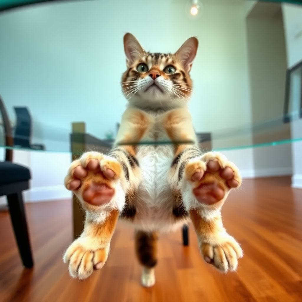 The cat's four paws are on the transparent dining table, and the camera captures the cat's four fleshy paws from underneath the table, shooting vertically upwards.