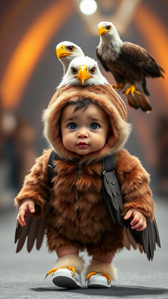 A cute small chubby fair baby with big eyes, pink lips, and pink cheeks, wearing a furry cozy eagle costume, doing a ramp walk in a fashion show, walking with a real eagle, cinematic eagle sitting on the baby's head.