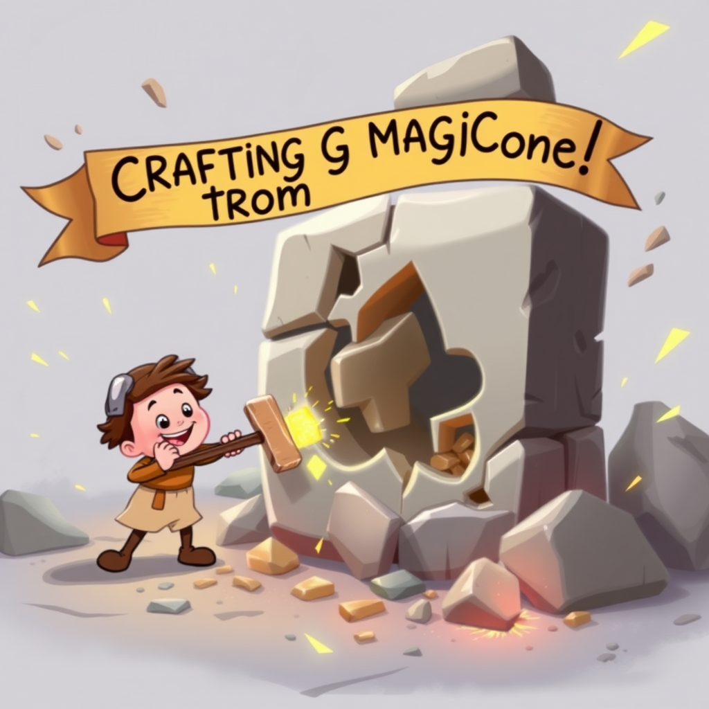 An imaginative scene of a cheerful character with a hammer gently chipping away at a large block of stone, creating beautiful shapes, surrounded by colorful sparks and flying pieces, with a banner overhead reading, "Crafting Magic from Stone!"