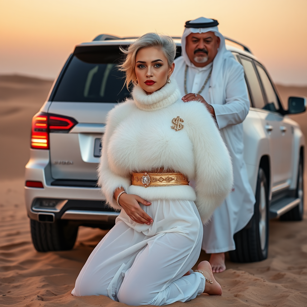 Kuwait desert dunes misty dawn, full size luxury SUV: Melissa, European 17 years old very convincing femboy “trophy-bimbo”, tamed servile docile, very beautiful feminine flawless face, rather short, by hormones very curvaceous womanly figured, platinum blond short tight curls, bold red lips, heavily made-up face, wearing Supertanya-style fluffy very fuzzy bright white angora turtleneck-poncho cropped ending under bust decorated with pearls and gemstones, striking oriental wide gold bridal protection belt, white fully transparent harem pants, full Oriental bridal jewelry including headpiece, nose-ring, coin anklets, striking diamond “$$$” letter brooch on left chest, pout frustrated, hands tied behind back, kneeling in sand in front of SUV, looking at camera. Focus on face and turtleneck-poncho. Standing behind Melissa: older overweight tall proud sheik, approvingly padding Melissa.