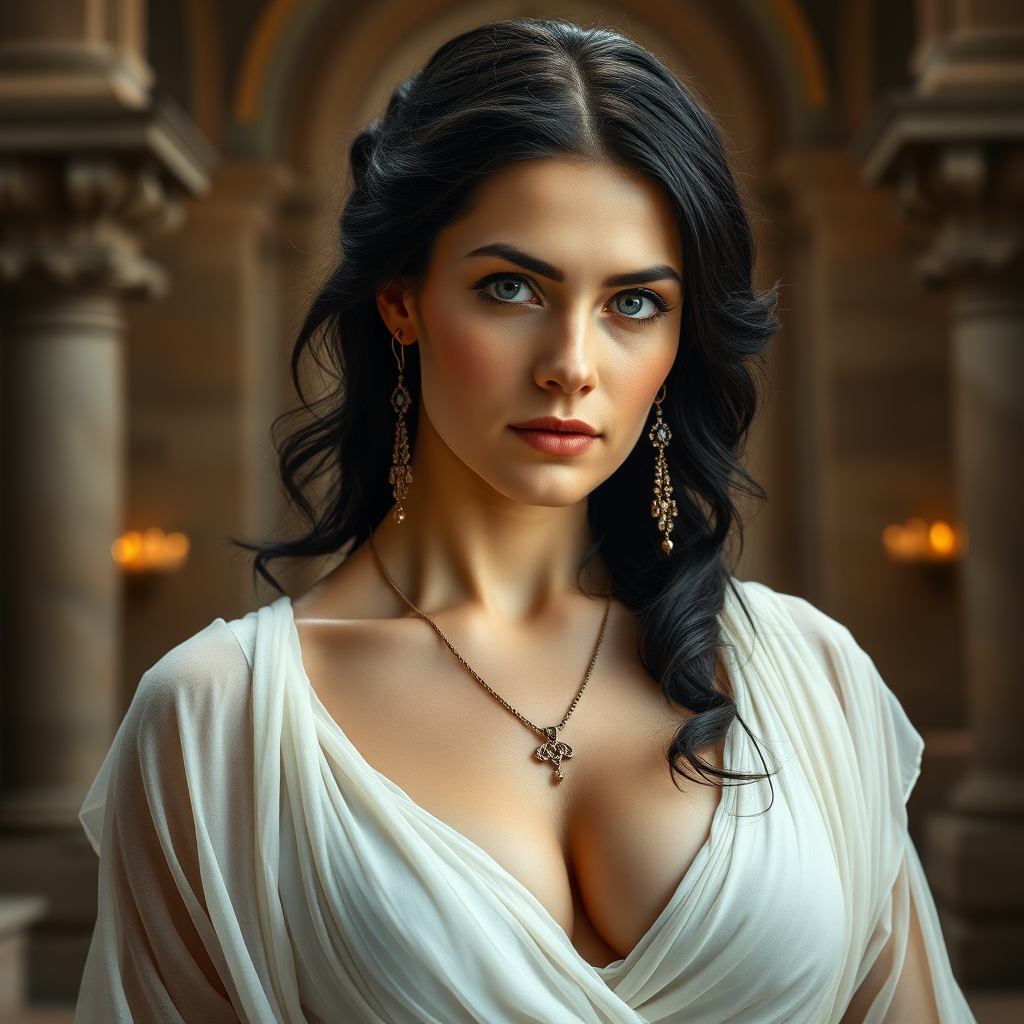 The female queen, aged 40, possesses pale skin complemented by striking grey eyes and a seductive gaze, with black Greek-style hair that frames her youthfully smooth visage with subtle wrinkles. Her attire consists of a sheer, white, low-cut Roman garment that exposes her ample bosom, allowing the skin of her breasts to peek through the fabric. She adorns herself with elegant earrings and a necklace, exuding a captivating MILF allure within the grandiose setting of a majestic castle, all captured under the dramatic flair of cinematic movie lighting and presented with ultra-high-definition 8k photographic detail.