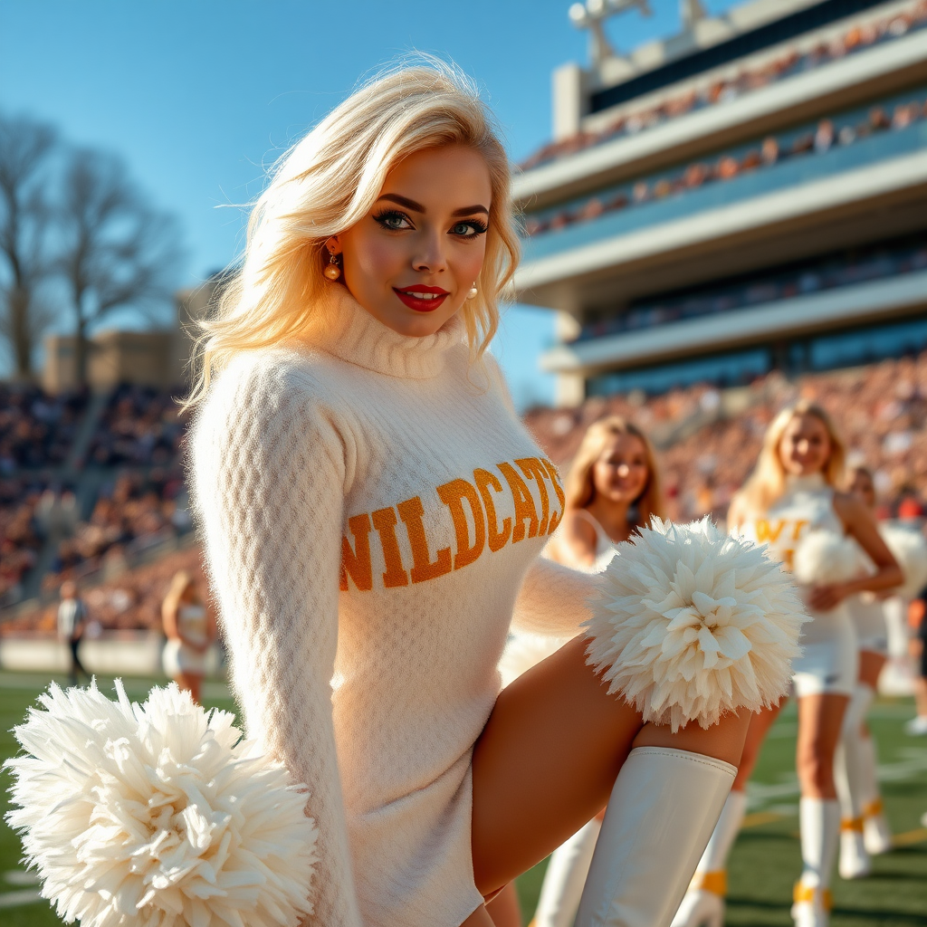 Sunny cold fall noon, college football stadium game, cheerleaders cheering for the home team: Ana, European 17 years old very convincing femboy “QB’s trophy-bimbo”, tamed servile docile, very beautiful feminine flawless face, rather short boyish figure, platinum blond short tight curls, bold red lips, heavily made-up face, wearing Supertanya-style chunky fluffy very fuzzy bright white plushy mohair figure-hugging turtleneck-knitdress with “gold “WILDCATS” letters, white vinyl thigh-high boots with golden heels white furry trimming, large gold-white pompoms, pearl earrings, leaning forward presenting her assets to irritate visitor team.