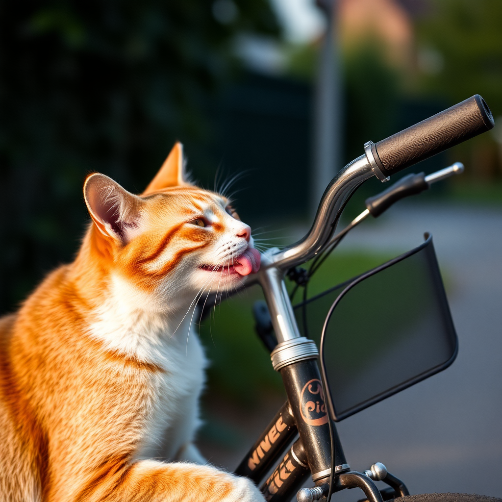 cat licking bicycle