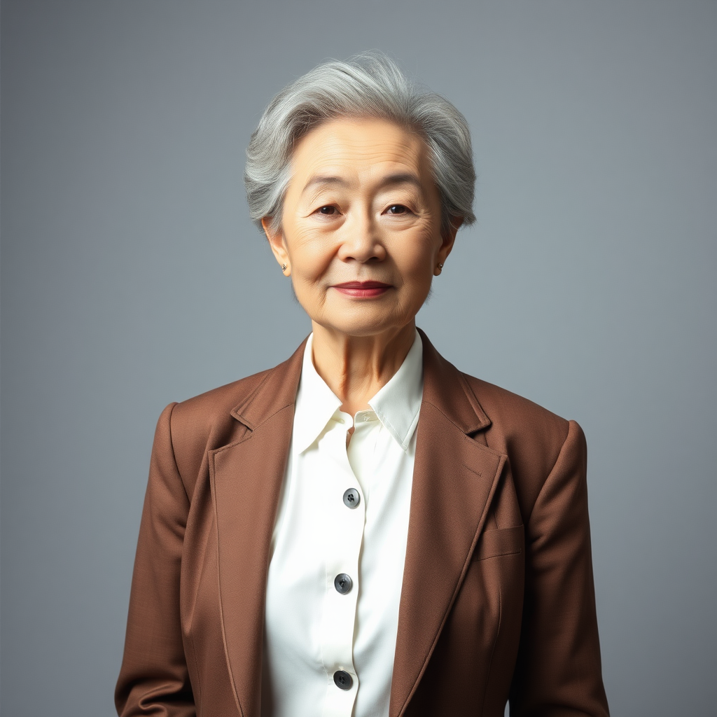 70 age old korean woman, front, woman suit, photo studio background