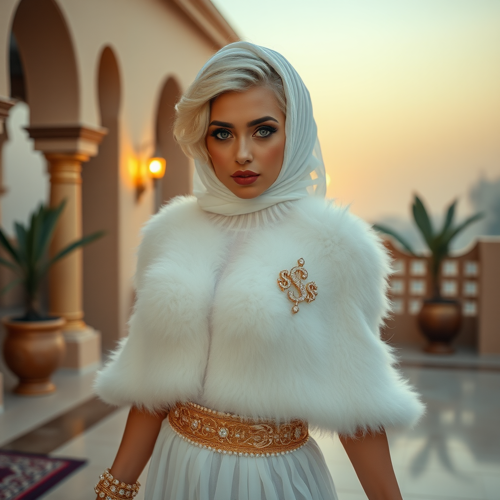 Kuwait desert palace harem patio misty dawn: Melissa, European 17 years old very convincing femboy “trophy-bimbo”, tamed servile docile, very beautiful feminine flawless face, rather short, by hormones very curvaceous womanly figured, platinum blond short tight curls, heavily made-up eyes, wearing Supertanya-style fluffy very fuzzy bright white angora turtleneck-poncho cropped ending under bust decorated with pearls and gemstones, striking oriental wide gold bridal protection belt, white fully transparent harem pants, full Oriental bridal jewelry, face covered by white sheer full Burka, coin anklets, striking diamond “$$$” letter brooch on left chest, pout frustrated, seductively dancing for the sheik, looking at camera. Focus on face and turtleneck-poncho.