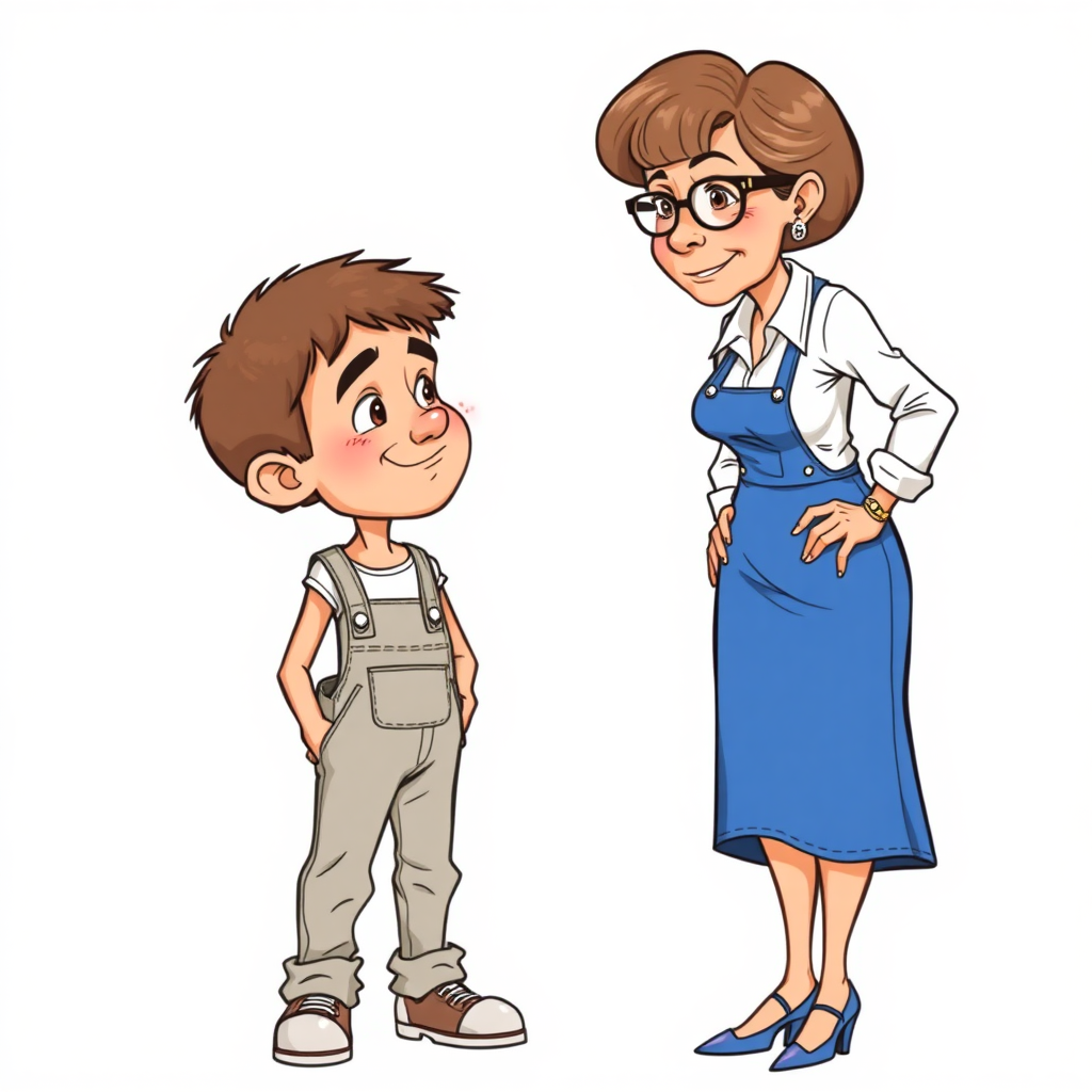 20 year old european skinny boy wearing work overalls is blushing excited while listening to a towering 55 Years old, European, Latina, sharp aquiline nose, wrinkles, high cheekbones, Middle Eastern, Skinny, Tanned skin, Dark light skin, Rounded Medium breasts, Skinny thighs, full Makeup, jewelry, Serious face, Sharp nose, blushing, Ash hair, short bowl haircut, Brown eye color, Glasses, with detailed features. Hands on hips, She is bent over the boy, she is wearing a white shirt and a blue skirt, detailed fabric.  full body, high heels sandals, long establishing shot, 2D, caricature, cartoon, Sketch lines, coloring book, nlack and white, coloring book style on white background, well composed, clean coloring book page, No dither, no gradient, strong outline, No fill, No solids, vector illustration