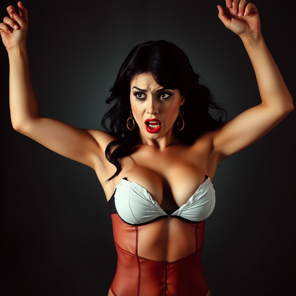 Vampirella arms up. her bodice is ripped open. Shocked expression. DSLR