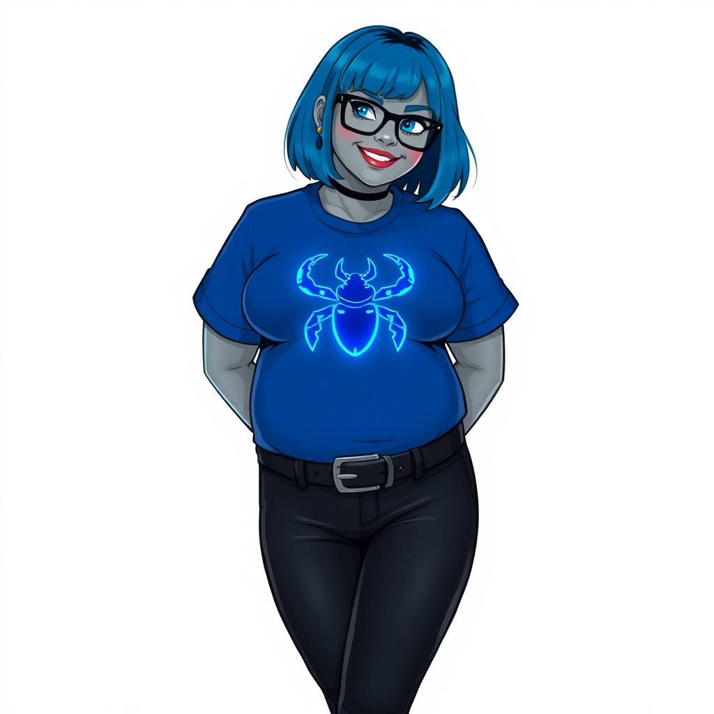 A 28-year-old, full-figured, metallic middle gray skinned computer program hybrid with a maximum blue bob cut. She has a non-athletic build, highlighted by a prominent, round, large midsection (with emphasis on her belly). As a digital sidekick, computer hacker, and nerdy girlfriend to her cyberpunk vigilante boyfriend, her middle gray metallic skin and maximum blue lipstick emphasize her digital nature. She wears a tight-fitting, maximum blue t-shirt (accentuating her large belly) with a neon blue glowing chest icon of a beetle, black pants, a black belt with a sapphire scarab buckle, and black gloves. Her bright blue eyes, black eyeglasses, and lovestruck smile with neon red blush accentuate her nerdiness. She stands bashfully with her hands behind her back, her t-shirt covering her midsection (especially her large belly) and emphasizing her full-figured, non-athletic physique. She is on a solid white background. She is drawn as if she was in a retro 2D cyberpunk fighting game. She is clearly non-athletic, with a focus on her full-figured physique. Ensure her t-shirt covers her midsection (especially her large belly).