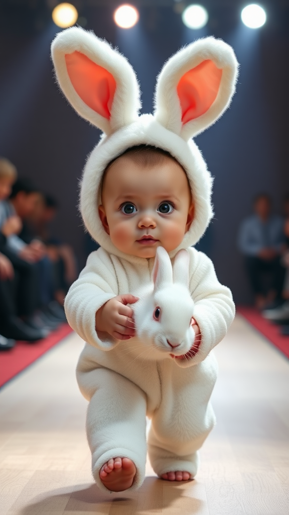 A cute small chubby fair baby with big eyes, pink lips, and pink cheeks, wearing a furry cozy white rabbit costume, doing a ramp walk in a fashion show while holding a real big white rabbit in their hands, cinematic.