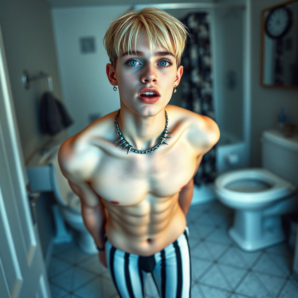 photorealistic, ultra high resolution, 16K, surreal fantasy, soft studio lighting, Caleb Swift is a pretty 16 year old goth male, slim male physique, blonde hair, blue eyes, goth makeup, earrings, white & black vertically striped pantyhose, spikey neck collar with chain, standing on the floor of the bathroom, excited mouth, bulging crotch, full body front view of Caleb facing the camera.