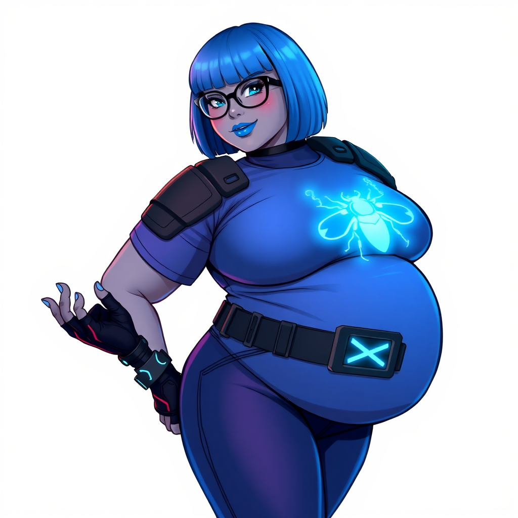 A 28-year-old, full-figured, middle gray skinned computer program hybrid with a maximum blue bob cut. She has a non-athletic build, highlighted by a prominent, round, large midsection (with heavy emphasis on her large belly). As the full-figured digital sidekick to her cyberpunk vigilante boyfriend, her middle gray metallic skin and maximum blue lipstick emphasize her digital nature. She wears a digital, computerized costume inspired by DC’s Carrie Kelly Robin, consisting of a huge, tight-fitting, maximum blue t-shirt with a neon blue glowing chest icon of a beetle, hi-tech shoulder pads with neon blue accents, a black hi-tech belt with a digital neon blue glowing buckle, digital maximum blue pants with neon blue accents, and black hi-tech fingerless biker gloves with neon blue glowing accents. Her bright blue eyes, black eyeglasses with a neon blue glowing lenses with built-in HUD, and shy smile with neon red blush accentuate her nerdiness. She stands bashfully with one hand behind her back and the other hand gently touching her cheek, her costume covering all her skin and emphasizing her full-figured physique (especially her belly). She is clearly non-athletic, with a heavy focus on her large belly. Despite her build, she radiates beauty. She has a slim face compared to her physique, accentuating her radiant beauty. She is on a solid white background. She is drawn as if she were in a retro 2D cyberpunk fighting game.