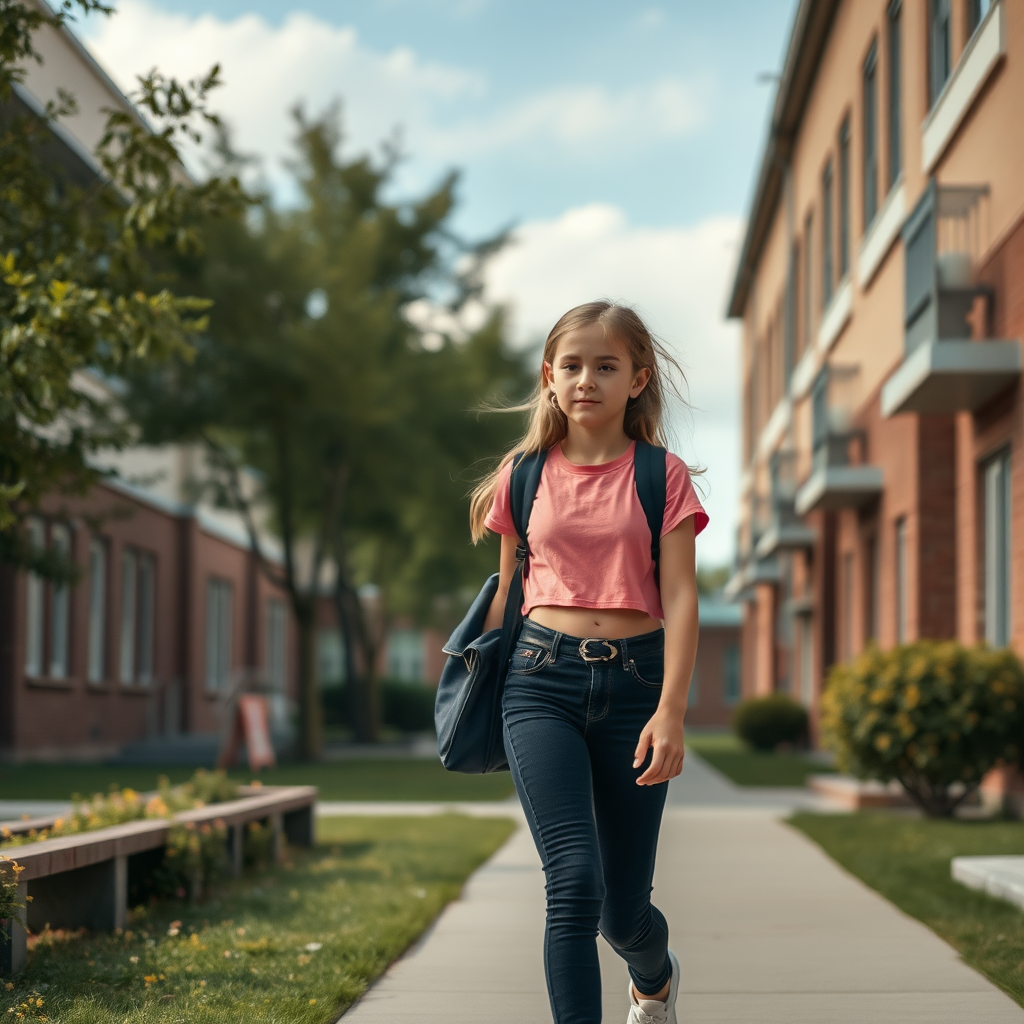 Ultra Realistic taken photo style image, Extremely good quality 4k image of a Russian 12 year old middle school petite girl with a crop top, image of her and her body from head at least to her waist if not lower walking on a middle school campus