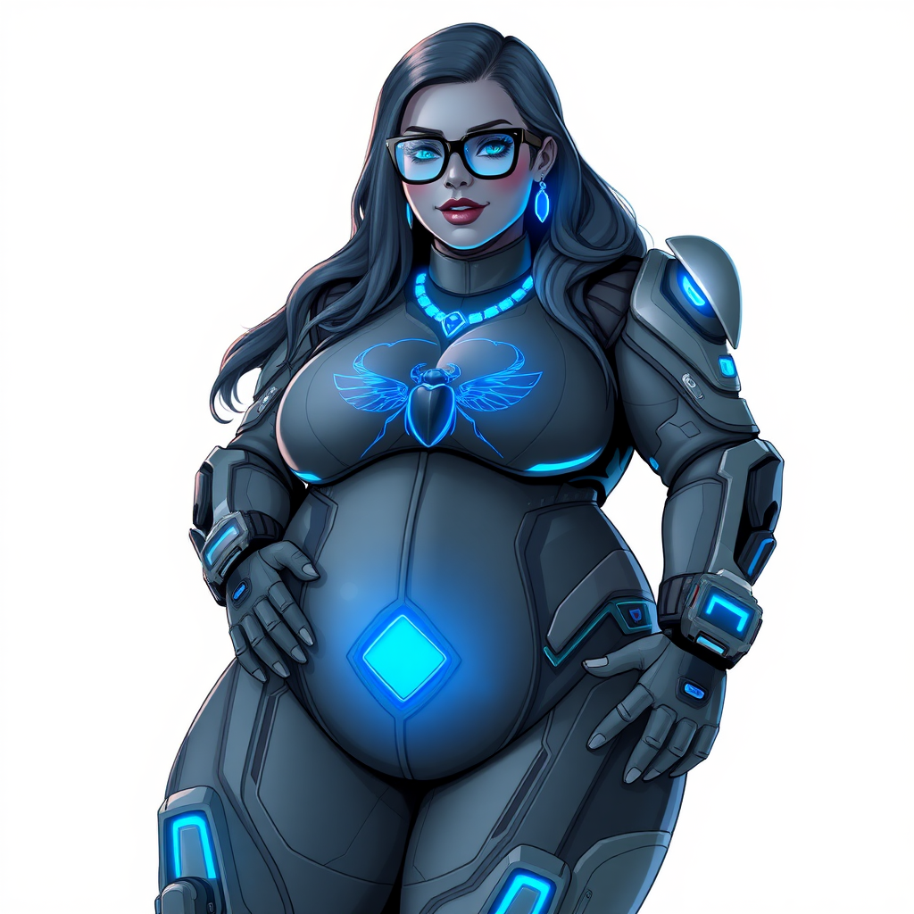 A 29-year-old computer science major, she is the devoted girlfriend of a vigilante and serves as his dotingly pampered, full-figured, nerdy digital sidekick. She is now a Computer Program hybrid, with a unique, metallic Middle Gray (N5) skin color that matches her suit and hair, making her resemble a computer program. Her long hair, suit, and skin are all Middle Gray (N5). Her neon blue eyes are mesmerizing. Her full figure, especially her prominently gargantuan round midsection, shows just how heavily fed and pampered she is, with sequoia-sized limbs and broad shoulders.

As a loyal and supportive sidekick, she plays a crucial role in their missions, using her digital prowess to assist and protect. She wears a blue sapphire scarab necklace and blue sapphire earrings, which she received as symbols of their love before his 5-year disappearance. Her digital and computerized biker suit, also Middle Gray (N5), covers her entire body and is adorned with a neon blue beetle emblem on its chest. The suit is equipped with high-tech features, including holographic displays and integrated hacking tools. She has matching high-tech gloves. She emits neon blue data cubes from her body, set against a solid white background.

Heavily, attentively, and immensely pampered through being well-fed since their reunion, her full figure clearly shows the extent of care she has received. Despite her digital enhancements, she retains her human vulnerabilities, including hunger and sleep, and is not immune to human weaknesses. She has the ability to hack into computers and machines, and her nerdiness is blatantly obvious with her black oversized eyeglasses. Her full figure, especially her gargantuan midsection, is prominently displayed and heavily emphasized. Her outfit, influenced by DC’s Jennifer Knight Phantom Lady, remains distinct.

Despite her boyfriend’s limited resources, she assists in the war on crime by serving as a minicomputer, traveling in a high-tech wristwatch and supercar’s computer system. Using her hacking abilities, she relays crucial knowledge related to missions. She is often seen sitting in a giant lounge chair, contently patting her stomach with a beaming smile and a neon red blush. She is drawn as if she was in a retro 2D cyberpunk fighting game.