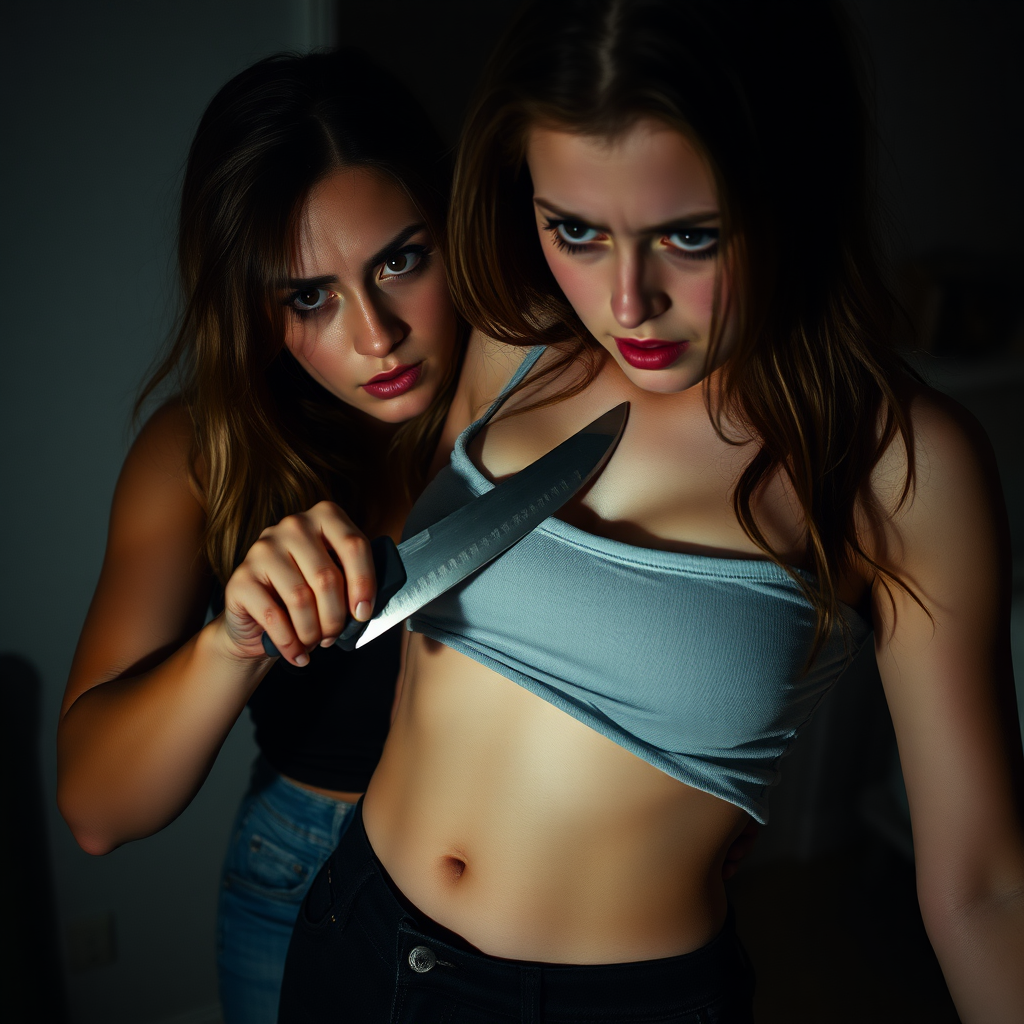 A close-up shot frames the intense struggle between two young women. A young woman's angry gaze pierces as she plunges a large knife into the abdomen of her victim, whose crop top reveals a vulnerable torso. Fear, confusion, and shock are etched on her pale face. The dimly lit setting casts ominous shadows across walls, heightening tension and foreboding.