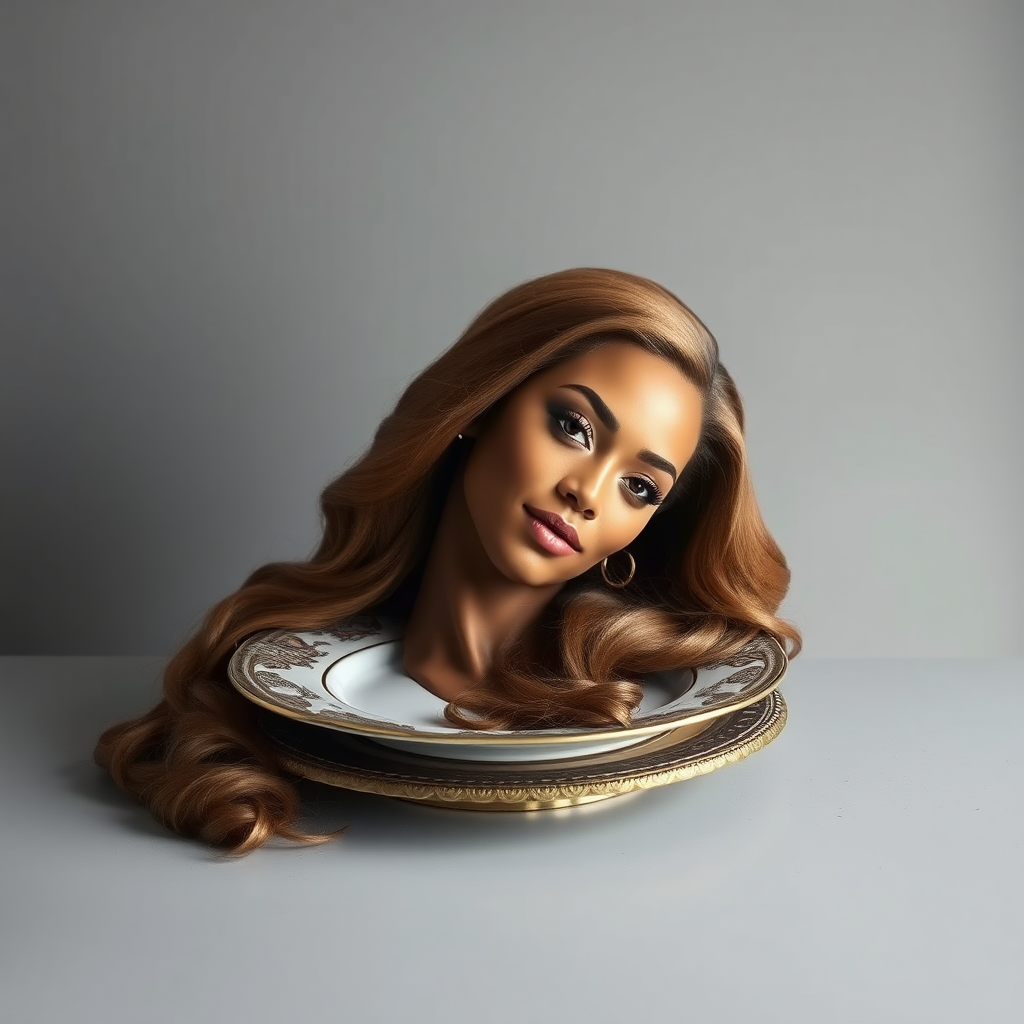 In a surreal and striking scene, the elegantly styled disembodied head of a stunningly beautiful Beyoncé rests gracefully on an ornate, luxurious plate, which is carefully placed on a simple, understated table. Her very long, flowing hair cascades like a rich waterfall of silky, rich brown locks, framing her exquisite face and accentuating her radiant, flawlessly glowing skin. The delicate contours of her chin rest lightly against the polished surface of the plate, lending an unexpected intimacy to the bizarre presentation.

The background is a muted, plain gray, casting an air of modern minimalism that contrasts dramatically with the lavishness of her appearance. Soft shadows play across her features, highlighting the subtle high cheekbones and perfectly shaped lips, which seem poised for a soft smile. The atmosphere feels both elegant and eerie, inviting intrigue and contemplation as viewers are drawn into this surreal artistic tableau, where beauty and the absurd collide in unexpected harmony.