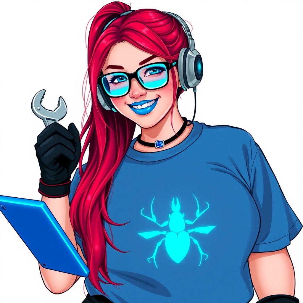 A full-sized, intelligent and tech-savvy 28-year-old computer hacker and tech genius. She has a long ruby red ponytail. She wears maximum blue lipstick, blue eyes, a sapphire beetle gemstone necklace, sapphire earrings, black eyeglasses, hi-tech power gloves, and a gigantic oversized maximum blue t-shirt featuring a neon blue glowing beetle chest icon. She has a full-figured physique with a gargantuan, round midsection, reflecting her well-cared-for lifestyle. She sports a sapphire headset with a hi-tech maximum turquoise lensed HUD, and a beaming smile accentuated by a passionate neon red blush. She serves as his tech expert from his hideout, holding a futuristic tool wrench and a futuristic digital tablet. The background is solid white. She is drawn as if she was in a retro 2D cyberpunk fighting game.