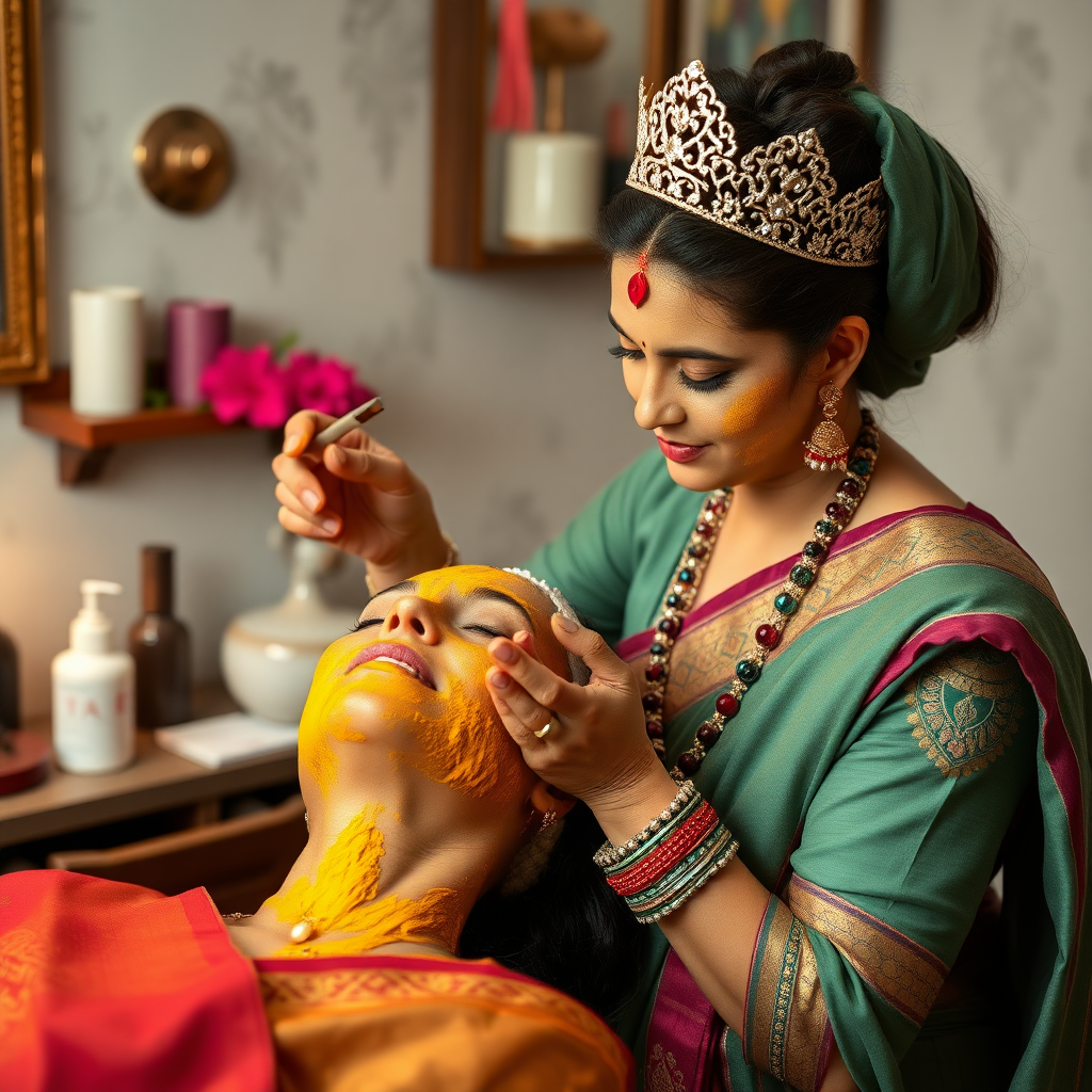 young british queen, working in beauty parlour, giving turmeric facial to rich, traditional indian wife