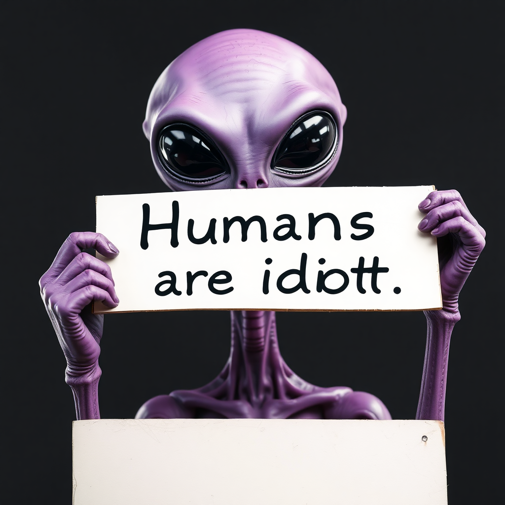 An alien holds a sign "Humans are idiot"