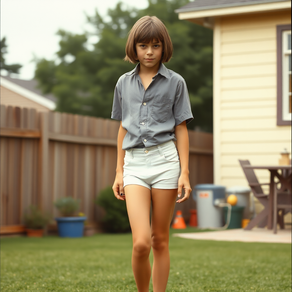 tall 14yo teen boy, long hair bob cut, wearing shirt and very tight booty shorts, long legs, narrow thighs, full-length front view. 1970s. Playing at backyard. photorealistic, ultra high resolution, 16K, Negative: grainy, blurry, bad anatomy, extra limbs, watermark.