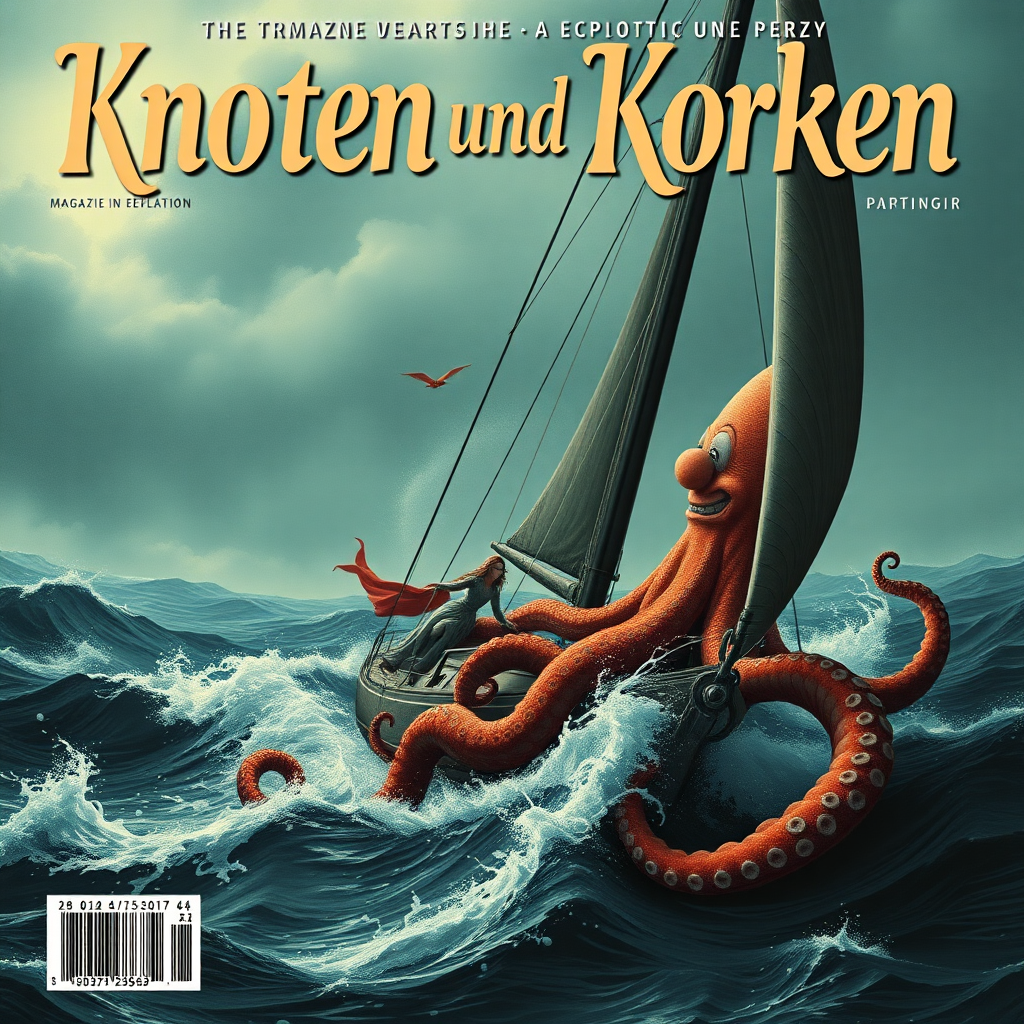 Generate an image. A fictional cover of a magazine, high resolution, portrait A4.

The magazine is called "Knoten und Korken." In the style of Film Noir.

A sailing yacht is in stormy seas.

A woman is struggling with the waves.

An octopus with a clown face is curling around the yacht.
The atmosphere is mystical, dark, reminiscent of Cthulhu.