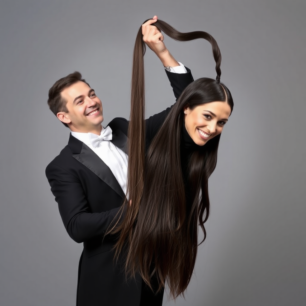 A surreal image of a smiling male magician standing to the side while holding up the disembodied head of a very long haired Meghan Markle by her hair to display it to the camera. He is grabbing her very long hair and pulling it up high in the air, while her head is hanging by her hair from his grasp. Plain gray background.