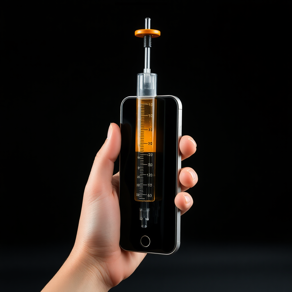 A phone and fat syringe hybrid, the phone with its bottom made of syringe,