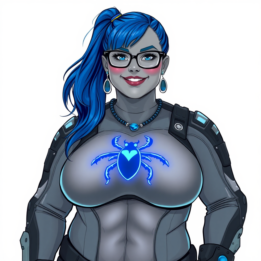 A cyberpunk vigilante’s full-figure middle gray metallic skinned computer program hybrid 28-year-old digital sidekick and loyal girlfriend. She has a long maximum blue ponytail and middle gray metallic skin. She wears maximum blue lipstick, blue eyes, a sapphire beetle gemstone necklace, sapphire earrings, black eyeglasses, and an oversized, digital, computerized, middle gray nano suit featuring a neon blue glowing beetle chest icon that accentuates her prominently, round, gargantuan midsection. She sports a beaming smile with a neon red blush. She serves as his minicomputer operating in his hi-tech wristwatch and supercar's onboard computer using her ability to hack into machines and computer to relay vital mission information. The background is solid white. She is drawn as if she was in a retro 2D cyberpunk fighting game. Her midsection is bloated to emphasize her figure.