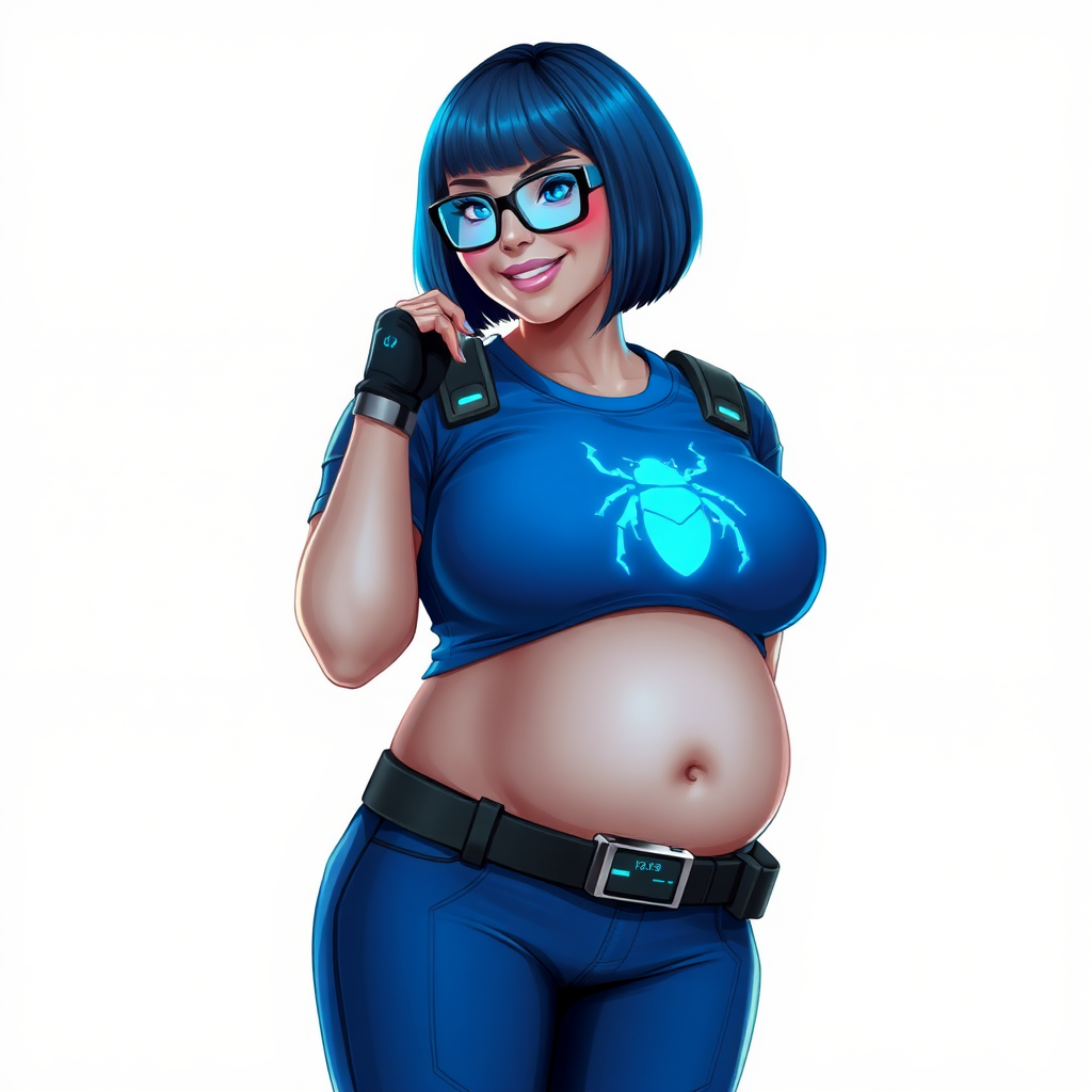 A 28-year-old, full-figured, metallic light neutral gray (N7) skinned computer program hybrid with a maximum blue bob cut. She has a non-athletic build, highlighted by a prominent, round, large midsection (with full emphasis on her large belly), which shows the effects of her love of junk food acquired from her boyfriend. As the full-figured, nerdy, digital sidekick to her cyberpunk vigilante boyfriend, her metallic light neutral gray skin and maximum blue lipstick (5PB 5/12) emphasize her digital nature. Her skin has a subtle, animated glow, with digital patterns occasionally flickering across it, making her digital nature obvious. She wears a digital, computerized costume, consisting of a huge, tight-fitting, maximum blue t-shirt (5PB 5/12) with a neon blue glowing chest icon of a beetle, hi-tech shoulder pads with neon blue accents, a black hi-tech belt with a digital neon blue glowing buckle, digital maximum blue biker pants (5PB 5/12) with neon blue accents, and black hi-tech fingerless biker gloves with neon blue glowing accents. Her neon blue glowing eyes, black eyeglasses with neon blue glowing lenses equipped with a built-in HUD, and bashful smile with neon red blush accentuate her nerdiness. She stands bashfully with one hand behind her back and the other hand gently touching her cheek, her costume covering all her skin and fully emphasizing her full-figured physique (especially her large belly). She is clearly non-athletic, with a full focus on her full-figured physique. Despite her build, she radiates beauty. She has a slim face compared to her physique, accentuating her radiant beauty. She is on a solid white background. She is drawn as if she were in a retro 2D cyberpunk fighting game.