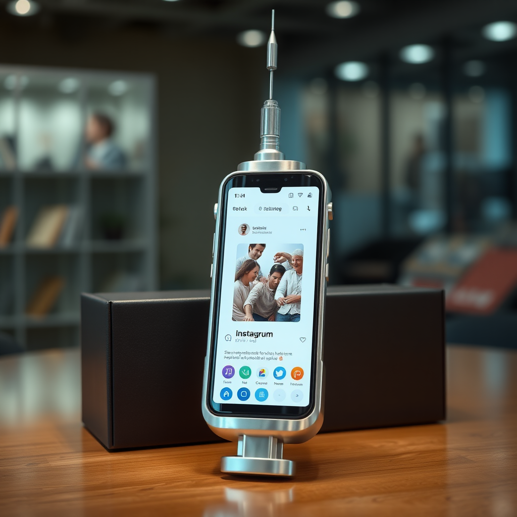 A close-up straight front view of a mobile phone in the shape inspired by a syringe, metallic futuristic, kept for sale leaning to a box, in a showroom, metallic body, touchscreen phone with Instagram page open on screen, needle on top, whitepunk.