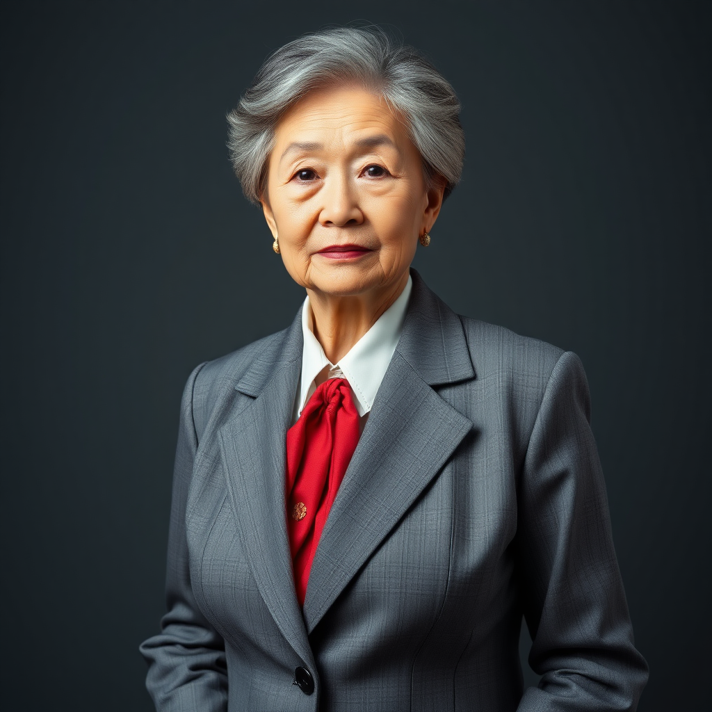 80 age old korean woman, front, woman suit, photo studio background,