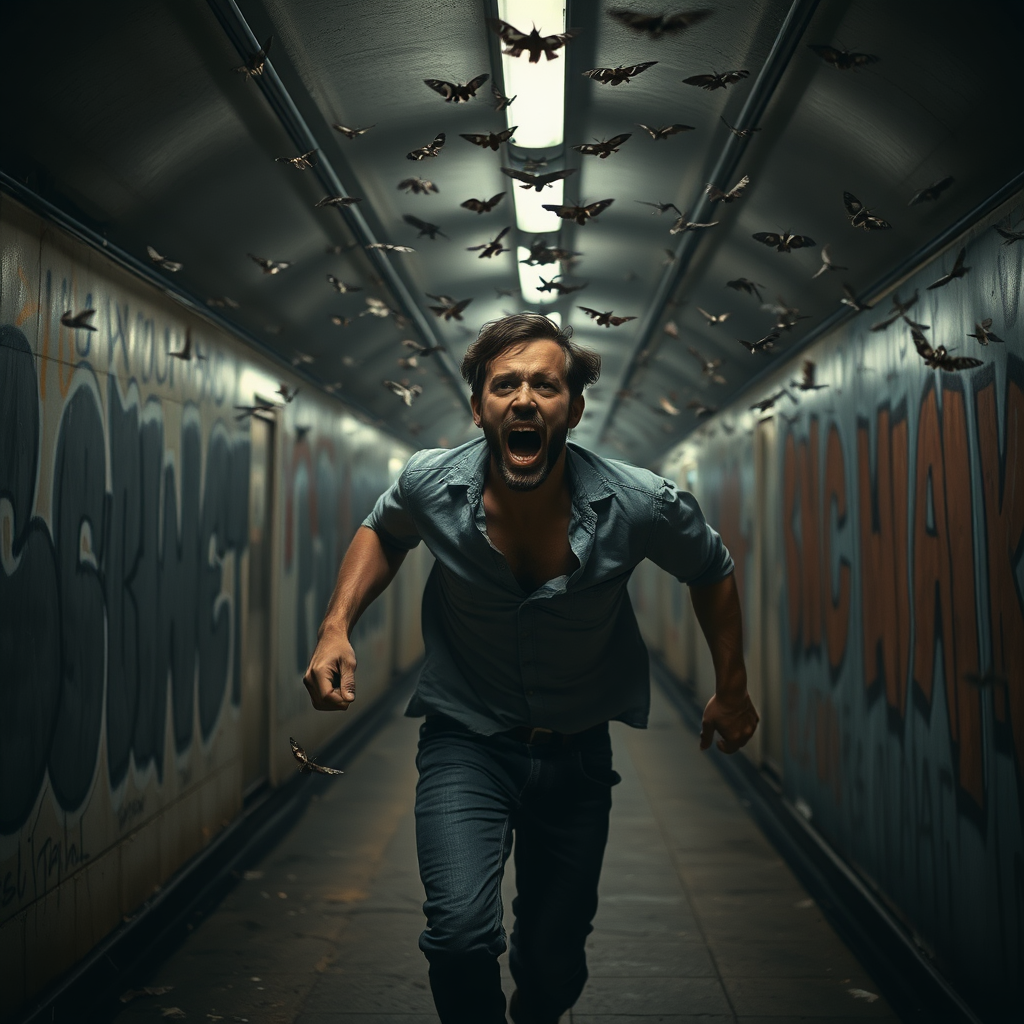 The image shows a tired handsome wild man running and screaming in Polish subway with graffiti on the walls on either side. He is wearing a shirt and jeans. There are hundreds of moths flying in the air and lights illuminating the scene. Dark Cinematic style, he is in the dark, light is behind him, very natural skin.