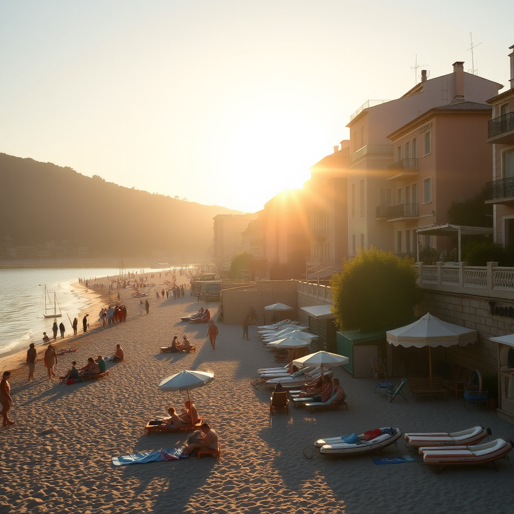 a busy beach somewhere in europe in the sunshine