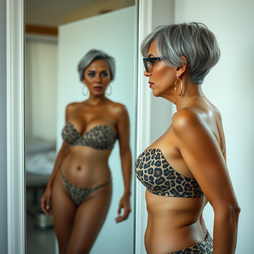 a gorgeous 45 Years old, European, Latina, sharp aquiline nose, wrinkles, high cheekbones, Middle Eastern, Skinny, Tanned skin, Dark light skin, Rounded breasts, Medium breasts, Skinny thighs, Big ass, Rounded ass, full Makeup, jewelry, Serious face, Sharp nose, shocked, blushing, open mouth, blushing, horny, Ash hair, short bowl haircut, Brown eye color, Glasses, with detailed features.  She stands in front of a full size mirror, she is shamefully looking at her reflection, she is wearing a leopard bikini, detailed fabric.  full body, 