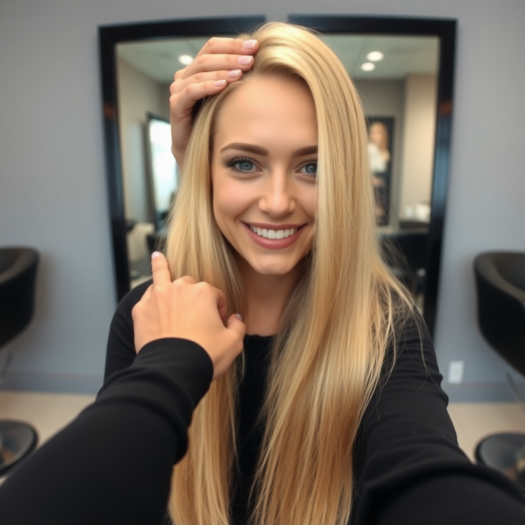 POV, beautiful very long haired blonde woman sitting in a hair salon smiling at the camera while I reach out from behind the camera to massage her scalp.  My fingers are digging into her hair rubbing her scalp while her hair is covering my hands. 
 Plain gray background.