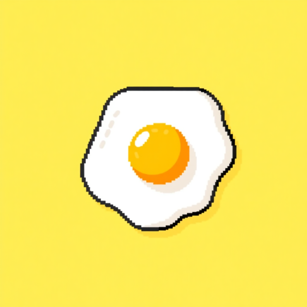 Background Setting: Set the background color to bright yellow.

Egg Design:

Use an 8x8 or 16x16 pixel size.
For the fried egg:
Egg white: Create a round shape in white.
Yolk: Draw a yellow circle in the center.
Add Border: Outline the fried egg with black for better definition.
Final Touches: Adjust the colors and placements as needed for balance.