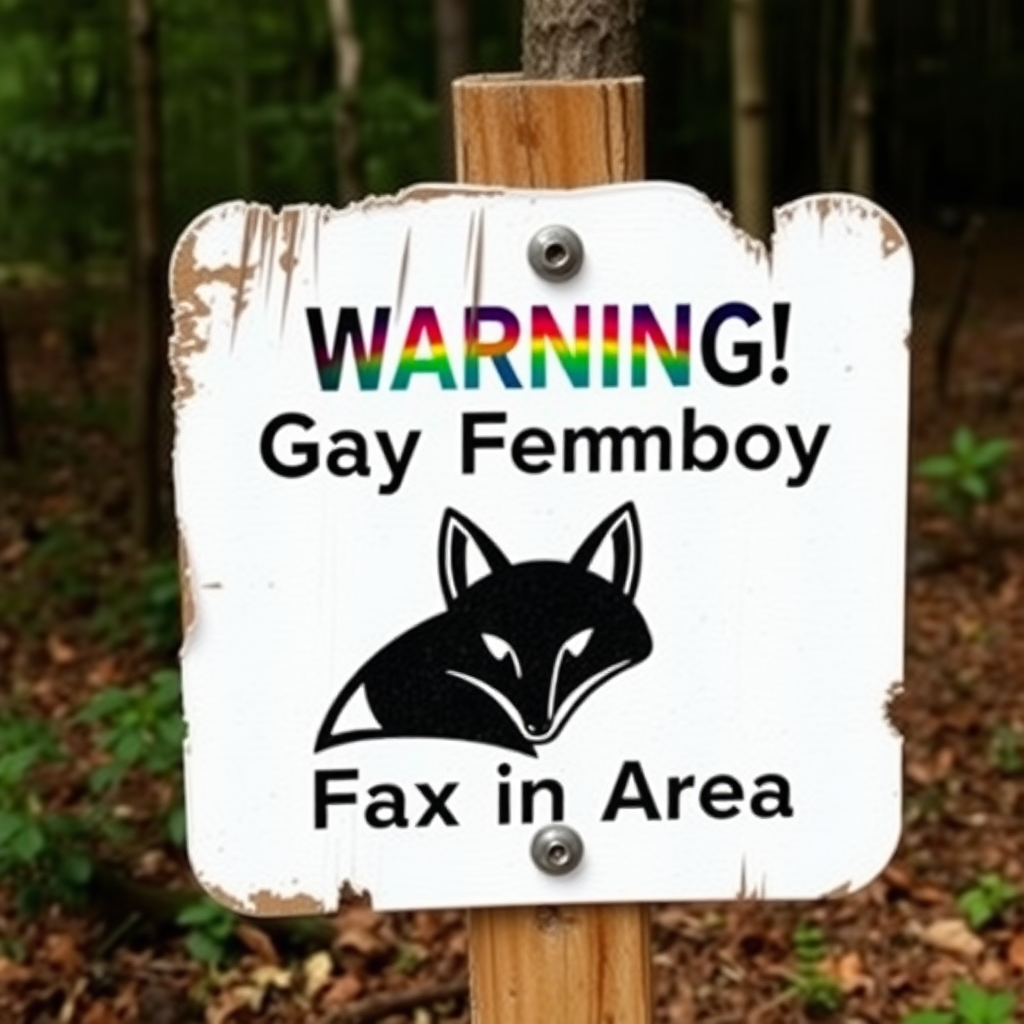 A worn wooden sign in the woods that says "Warning! Gay Femboy Fox in Area" in rainbow colours, the sign has a black fox logo with white eyes below the text.