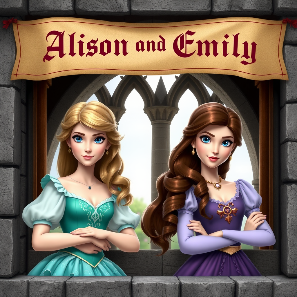 Two photo realistic princesses, one with light brown hair, blue eyes and aqua colored dress and the other with brunette hair, blue eyes and purple dress peeking out the window of a castle with a medieval banner overhead saying "Allison and Emily"