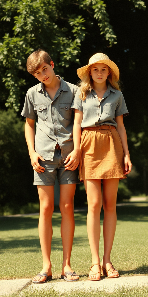 Vintage photo, 1980s. Hot summer. USA. A tall skinny 13yo teen boy wearing short shirt, tight booty shorts, long legs, bare thighs. With a girl wearing shirt, long skirt. Full length view.