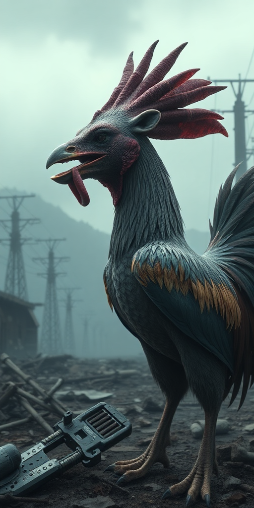 A creature with the head of a bear and the body of a rooster in a super-realistic apocalyptic environment.