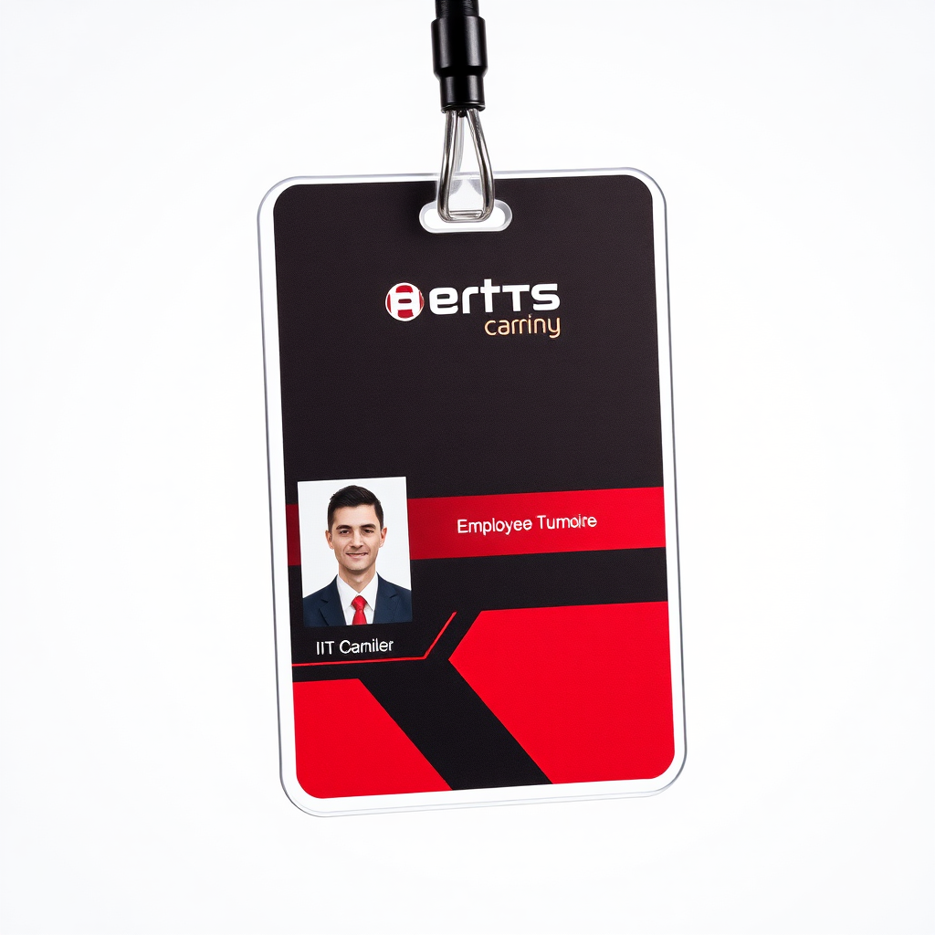 employee id card for IT company, professional themed, red and black dominant color