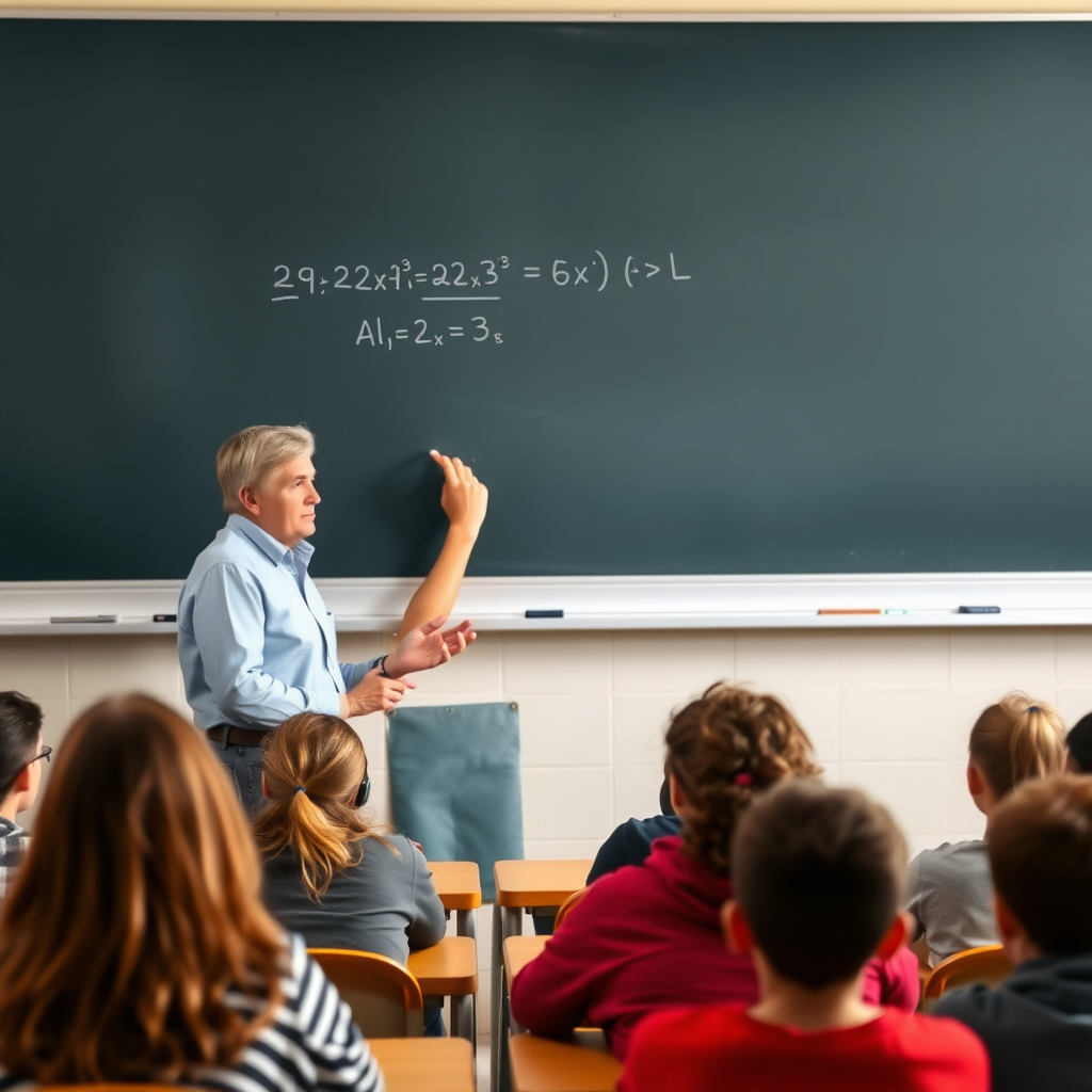 A middle aged male teacher in front of a class teaching algebra. She is writing an equation on the chalk board. In the class are a bunch of high school kids who seem very interested.