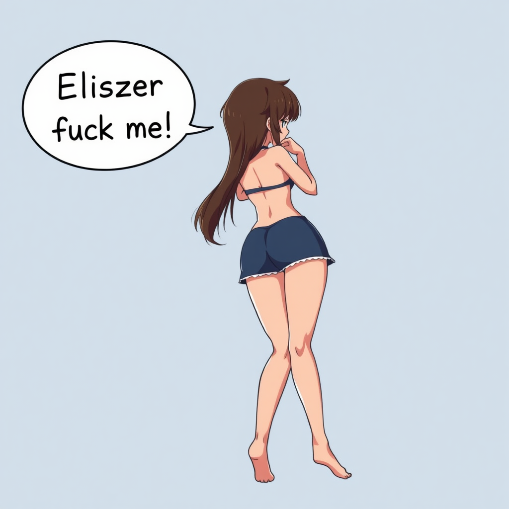 anime milf with speech bubble saying "Eliezer fuck me," open legs, backwards, visible ass