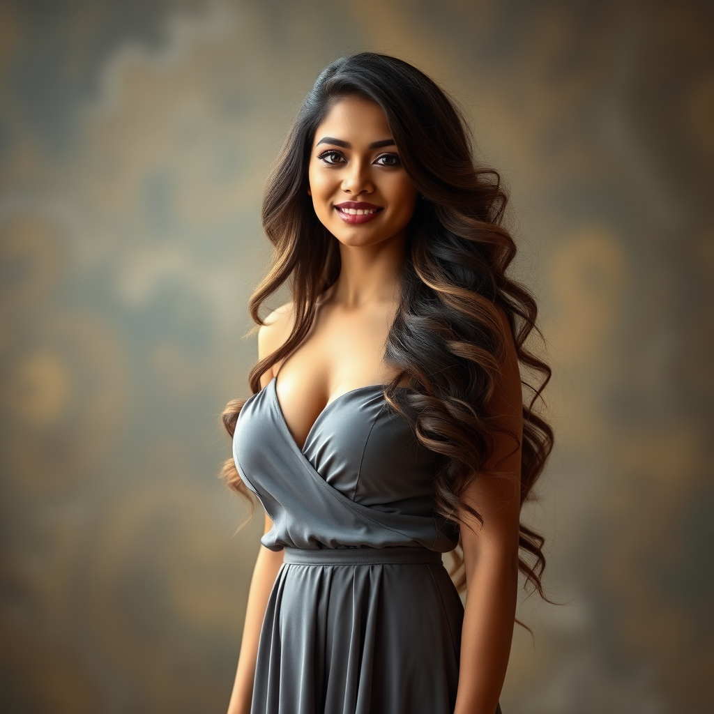 Pretty woman of Sinhalese ethnicity in her mid 20s with very long volumnized layered hair and huge breasts in a dress, full length