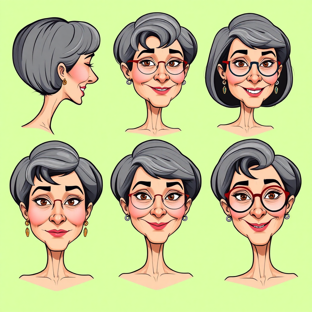 Photorealistic image of six headshots of a 50 Years old, European, Latina, sharp aquiline nose, wrinkles, high cheekbones, Middle Eastern, Skinny, Tanned skin, Dark light skin, full Makeup, jewelry, Sharp nose, frowning, exaggerated cartoon expression, lascive smile, dark grey Ash hair, short bowl haircut, Brown eye color, half closed eyes, round Glasses, with detailed features. Each photo displays the same face in back, profile and front view, cut out and isolated on a green background. All six heads are visible side by side, empty space around each view, no overlapping. 2D, caricature, cartoon, Sketch lines, coloring book style, well composed, clean coloring book page, No dither, no gradient, strong outline, vector illustration.