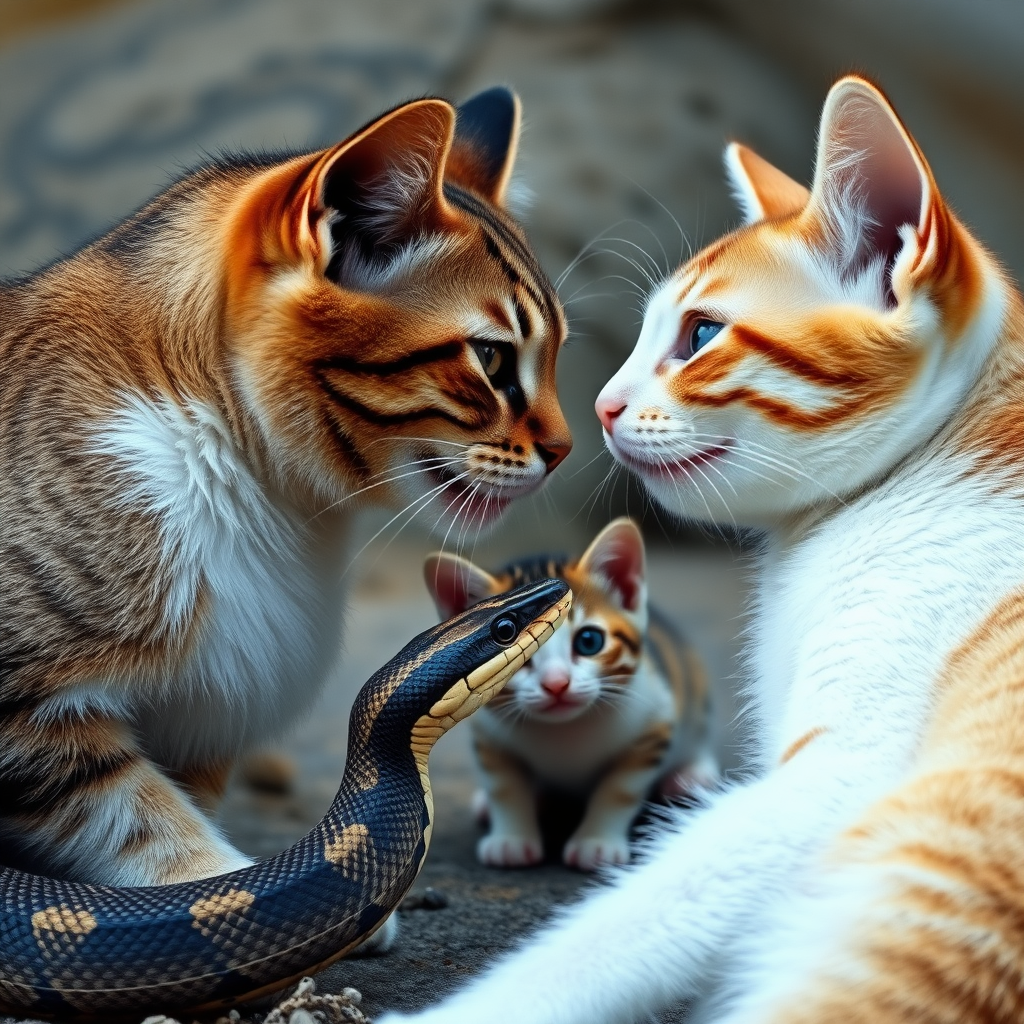 A mother cat and a snake are confronting each other, with a kitten hiding behind the mother cat. It's a panoramic view, captured from the side, in a realistic style.