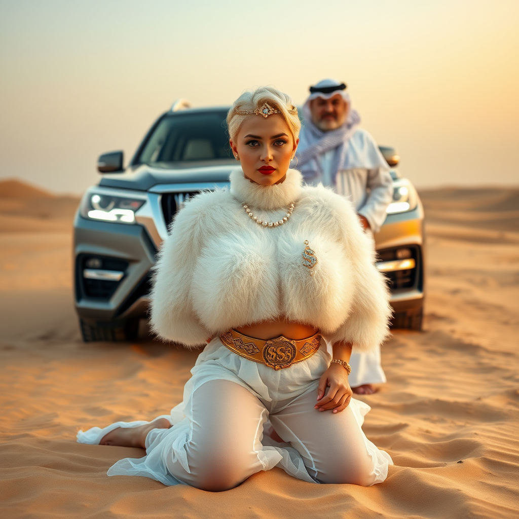 Kuwait desert dunes misty dawn, full size luxury SUV: Melissa, European 17 years old very convincing femboy “trophy-bimbo”, tamed servile docile, very beautiful feminine flawless face, rather short, by hormones very curvaceous womanly figured, platinum blond short tight curls, bold red lips, heavily made-up face, wearing Supertanya-style fluffy very fuzzy bright white angora turtleneck-poncho cropped ending under bust decorated with pearls and gemstones, striking oriental wide gold bridal protection belt, white fully transparent harem pants, full Oriental bridal jewelry including headpiece, nose-ring, coin anklets, striking diamond “$$$” letter brooch on left chest, pout frustrated, hands tied behind back, kneeling in sand in front of SUV, looking at camera. Focus on face and turtleneck-poncho. Standing behind Melissa: older overweight tall proud sheik, approvingly padding Melissa.